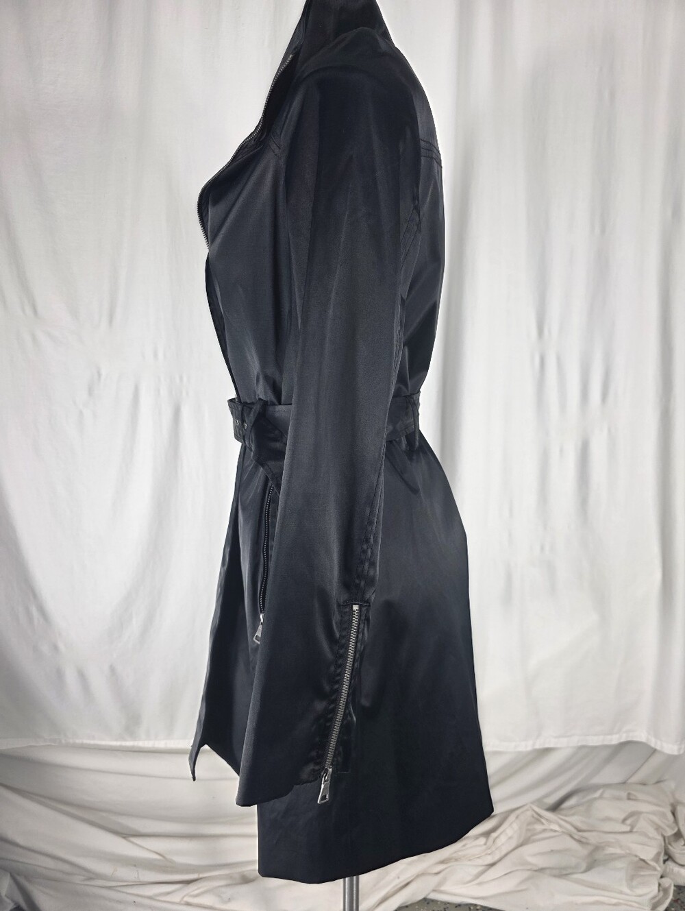 Mossimo Sexy Black Belted Trench Coat S Whimsy Goth Dark Academia Matrix Rain - Picture 7 of 16